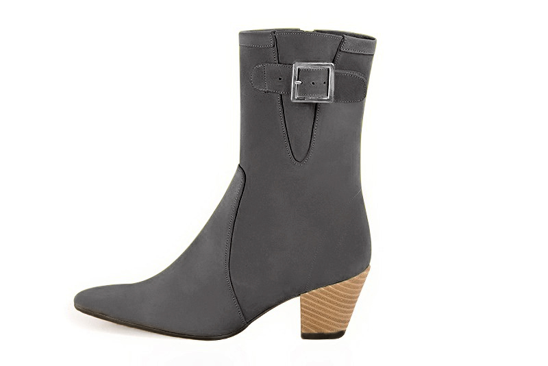 Dark grey women's ankle boots with a zip on the inside. Tapered toe. Medium cone heels. Profile view - Florence KOOIJMAN